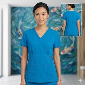 Koi Sapphire 267 Womens Scrub Top Electric Blue Mock Wrap V-Neck Small